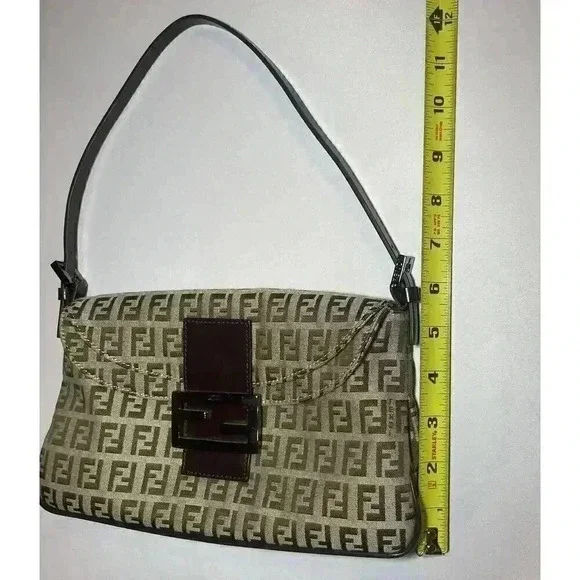 FENDI Zucchino Monogram Double Flap Baguette Shoulder Bag Brown FF Vintage Y2K - Picture 12 of 16